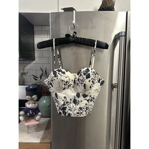 Festival Corset Boned Bl/Wh Floral Adj Strap SzL Grad Party Shower Concert Club
